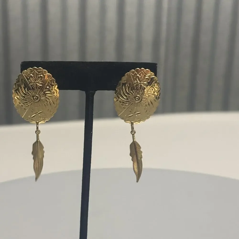 Vintage Gold Tone Concho‎ Earrings Pierced Dangle Feather Drop Western Jewelry